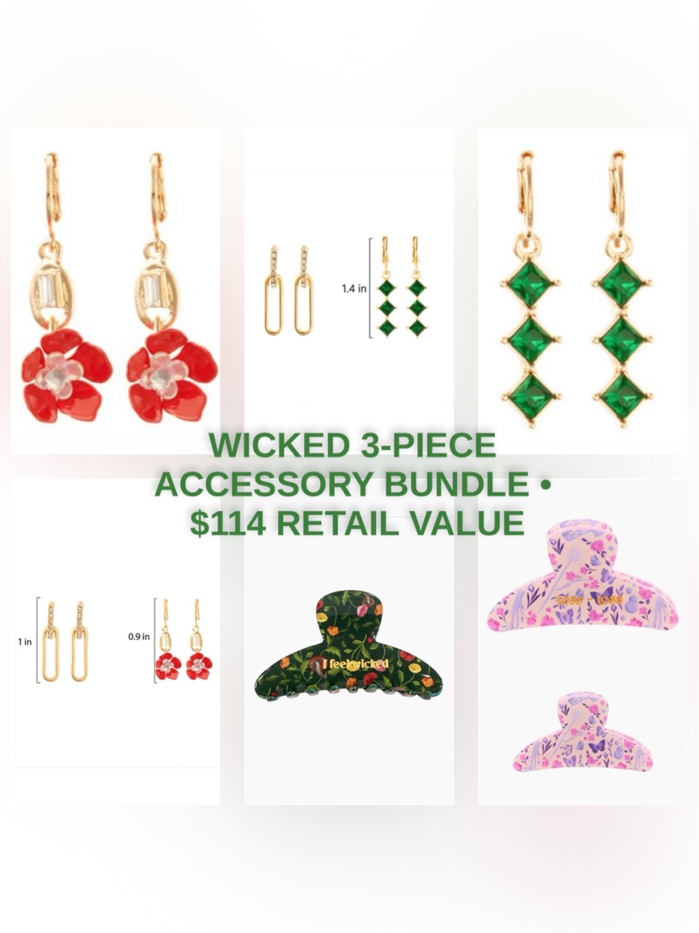 NWT 8 Other Reasons Wicked 3-Piece Hair Clip Earrings Bundle Elphaba Glinda